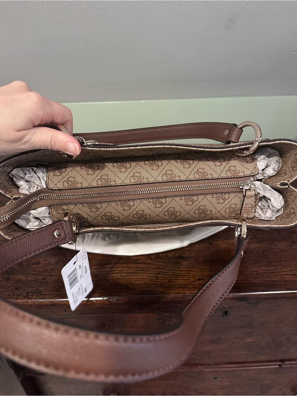 GUESS Taupe Monogram Print Tote with Dark Brown Straps - Picture 3 of 3